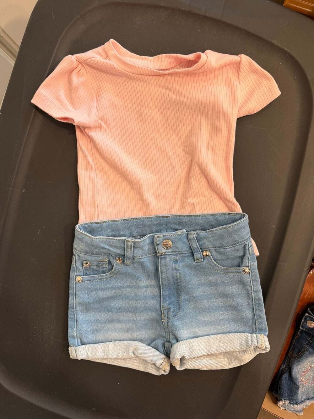 Koala Kids and Pekkle Toddler Girl 2-Piece Outfit Pink Ribbed Tee and Denim Shor